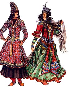 Знатный перс в узорчатом кафтане, расшитом жемчугом, шароварах и остроконечной шапке; знатная дама в вышитом шелковом одеянии из двух частей, диадеме и длинной прозрачной накидке.