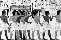 Погребальное шествие. Роспись из гробницы Paмозa,XVIII династия. Фивы. На рабах короткие белые набедренные повязки, типичная одежда в краях жаркого климата