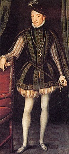Жан Клуэ, Портрет Карла IX. Лувр, Париж. Вамс из того же светлого полосатого шелка, что и штаны, и короткий бархатный плащ составляли церемониальную придворную одежду.